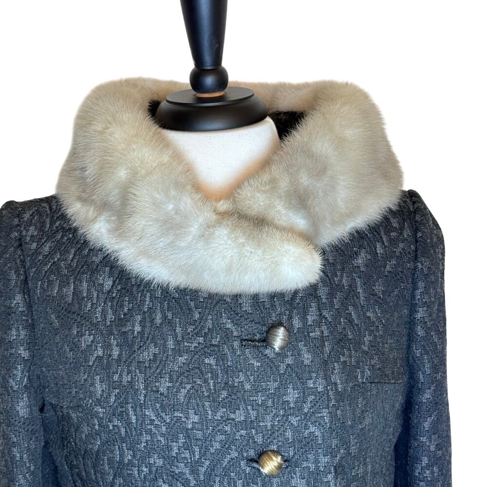 VINTAGE 1950's Gray‎ Jacquard Tapestry Long Women's Coat Mink Fur ILGUW Sz Small - Picture 4 of 14
